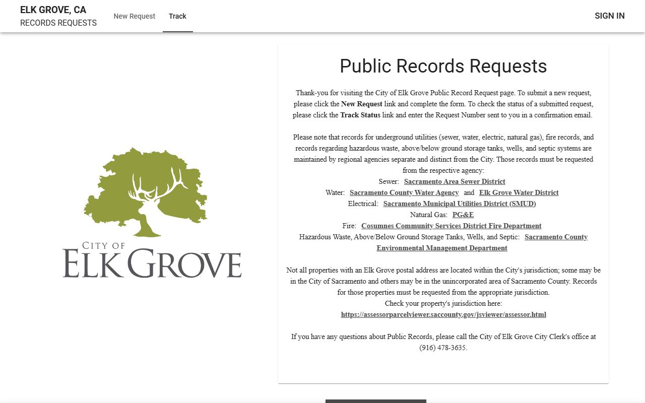Elk Grove JustFOIA portal for phone directory records access
