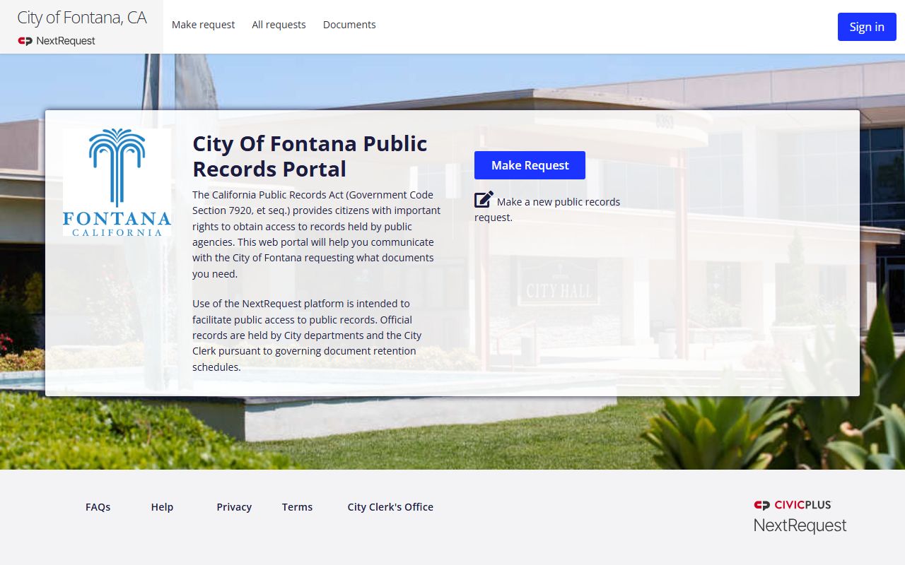 Fontana NextRequest portal phone directory database search