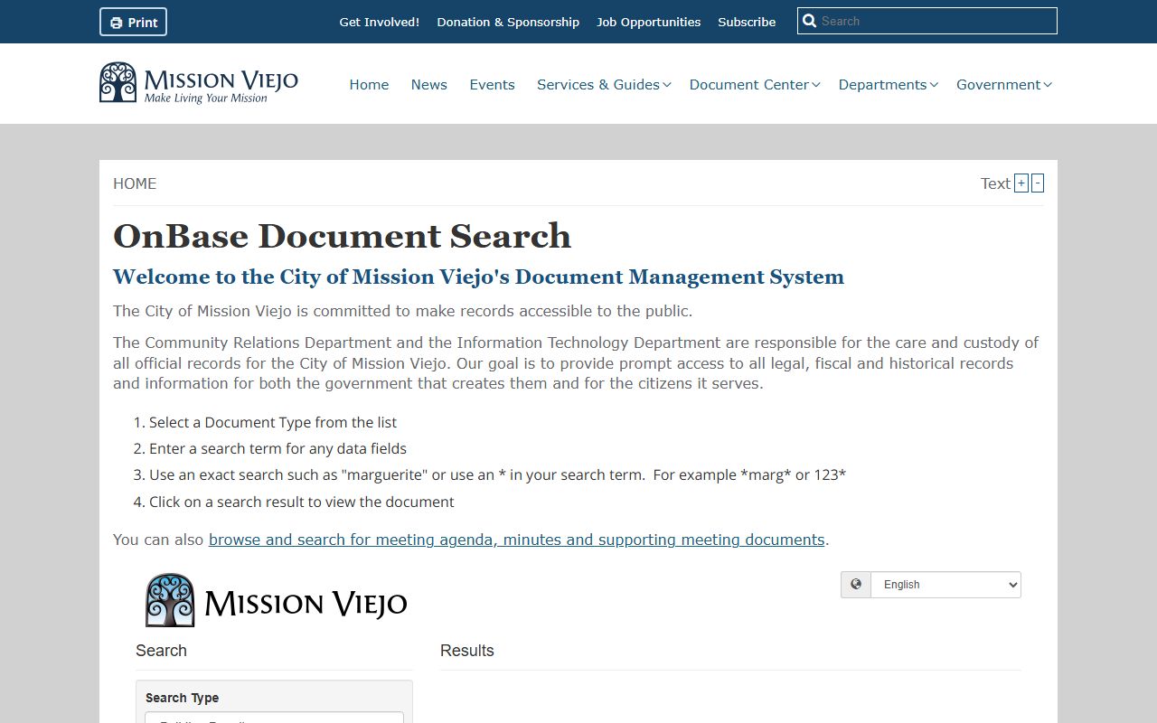 Mission Viejo OnBase document search phone directory tool