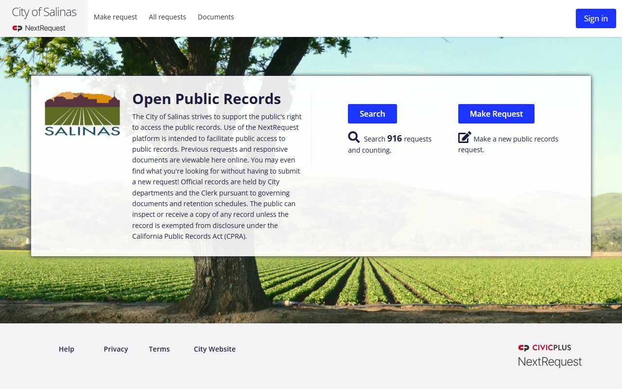 Salinas NextRequest portal for phone directory records lookup