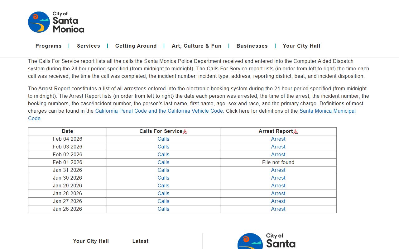 Santa Monica Police Department daily reports for phone directory research