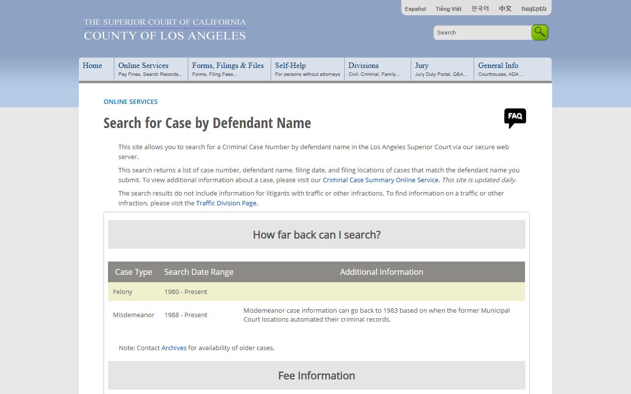 Los Angeles County criminal case search phone directory tool