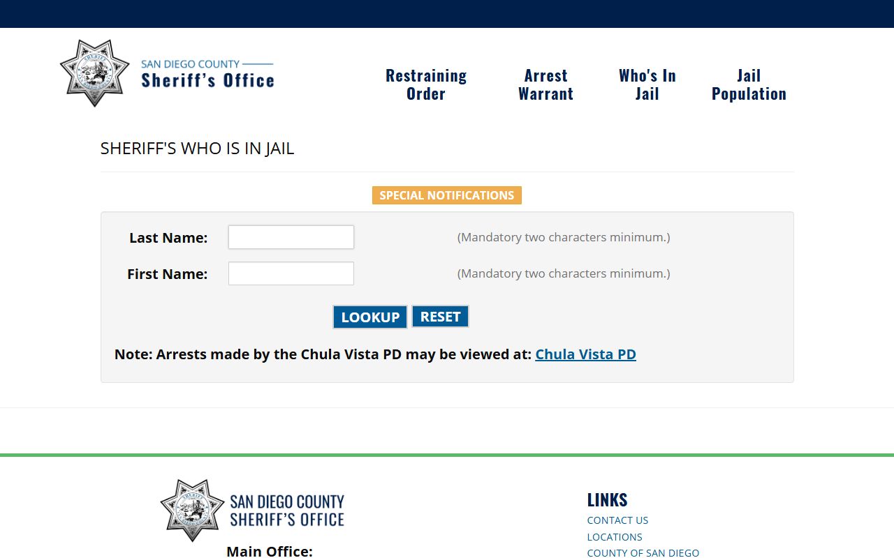 San Diego County Sheriff Who's In Jail phone directory database