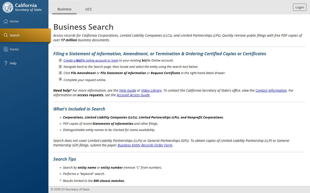 California Secretary of State business entity phone directory search