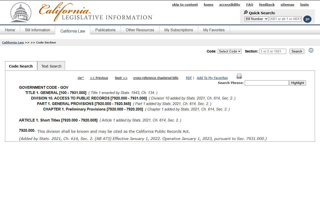 California Public Records Act statute for phone directory access