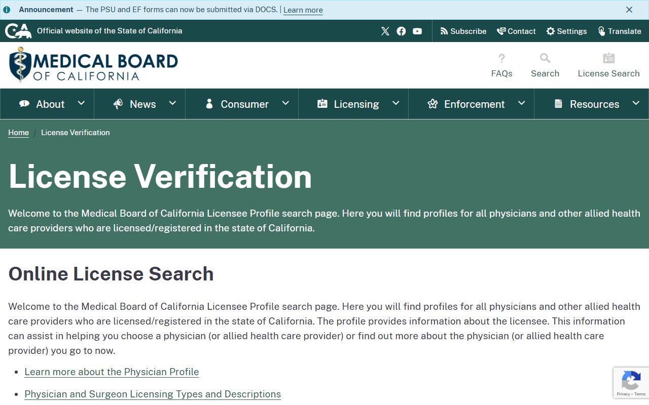 California Medical Board license verification phone directory