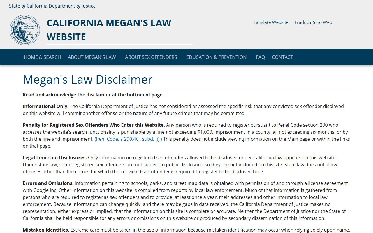 California Megan's Law sex offender registry phone directory